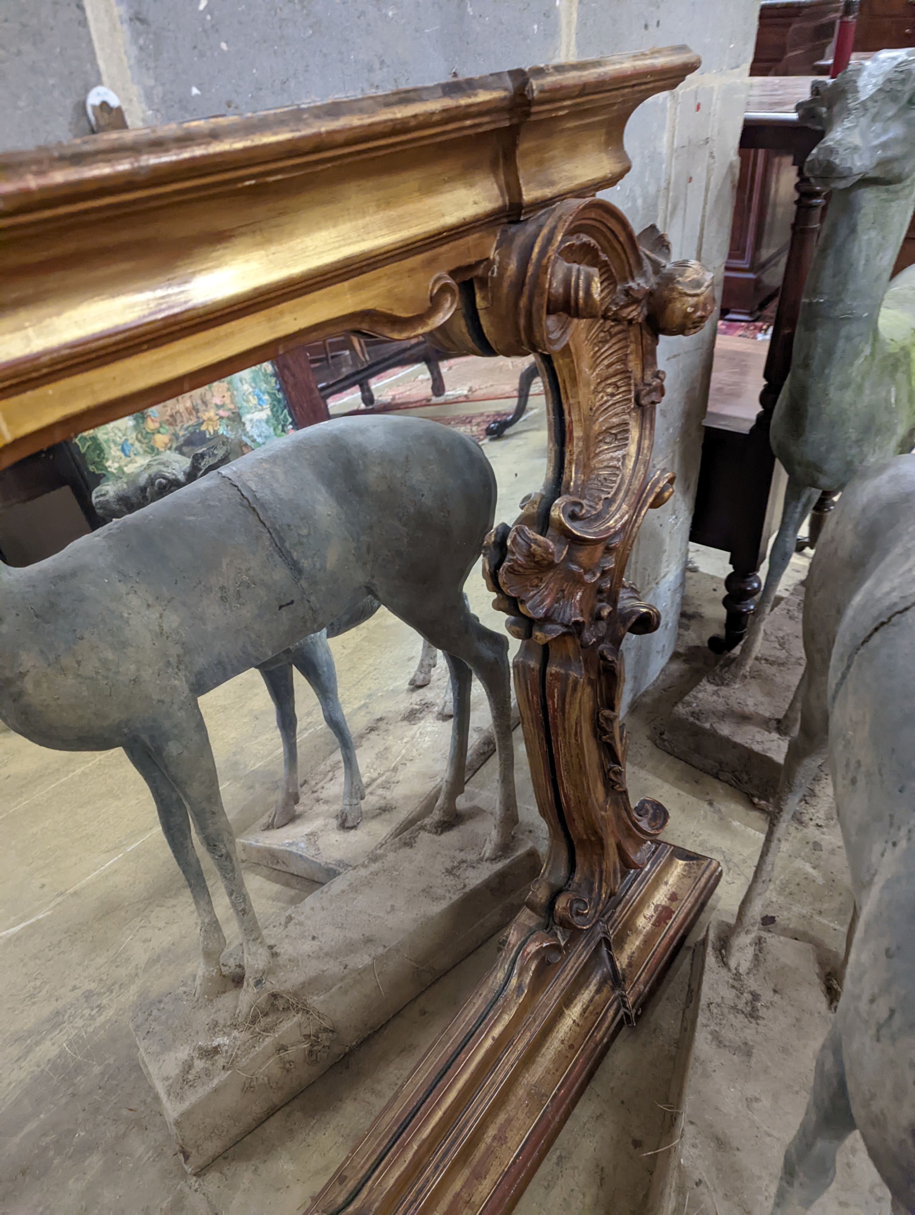 A large Victorian gilt framed landscape overmantel mirror. W-260cm, D-11cm, H-96cm.